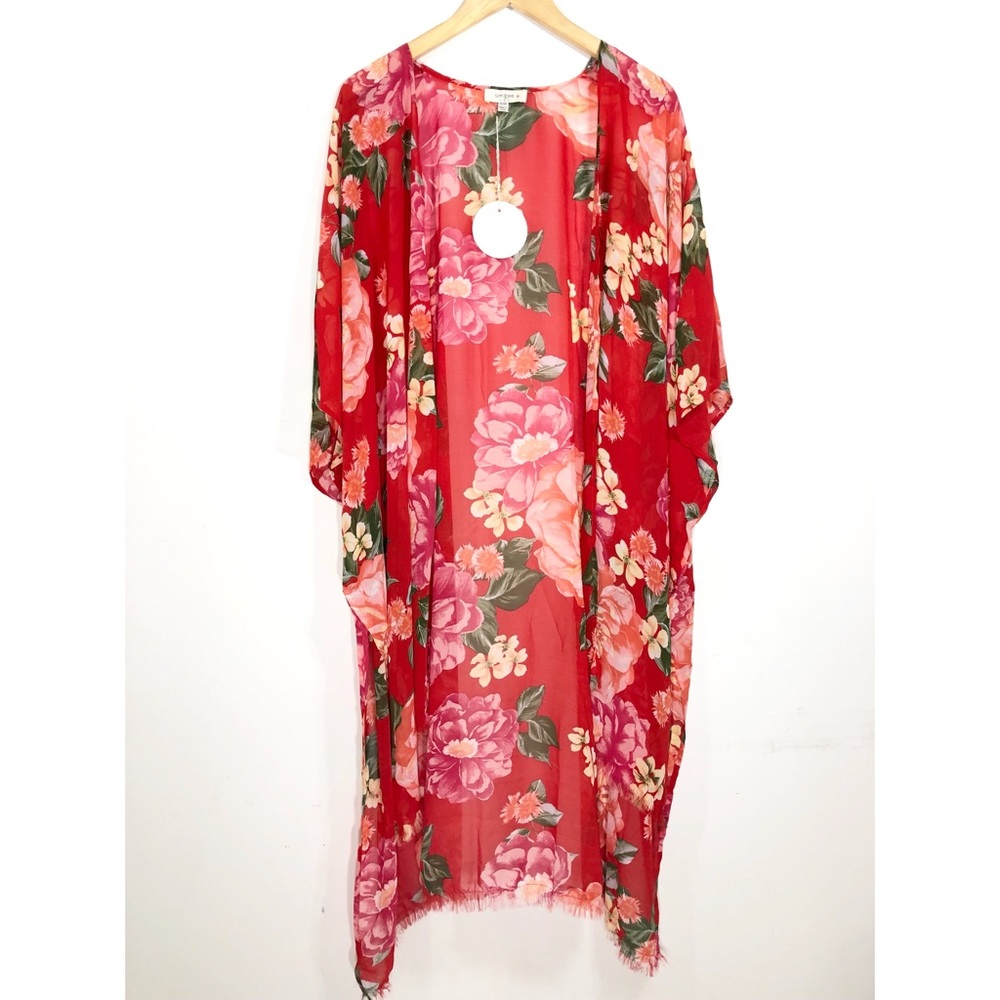 Sheer Floral Print Open Front Raw Edge Kimono - Picture 2 of 8